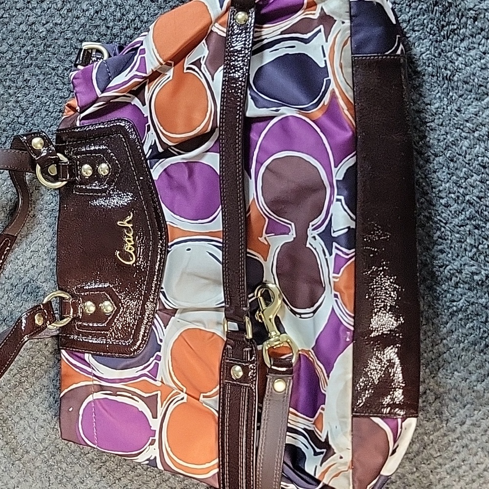 Authentic Coach purse satin fabric patent leather, orange, purple, Brown and tan